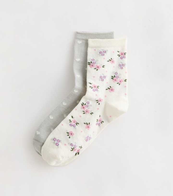 Pack of 2 Grey Floral Heart Ankle Socks