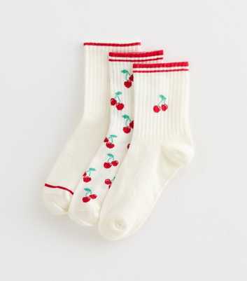 Pack of 3 White Cherry Ribbed Ankle Socks