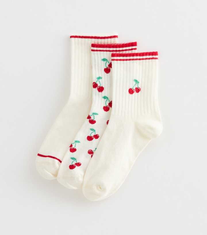 Pack of 3 White Cherry Ribbed Ankle Socks