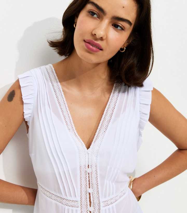 Cream Pintuck Lace Trim Semi-Sheer Top