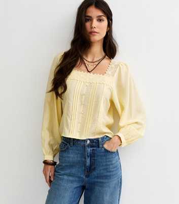 Light Yellow Lace Trim Square Neck Blouse