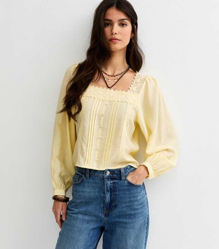Light Yellow Lace Trim Square Neck Blouse