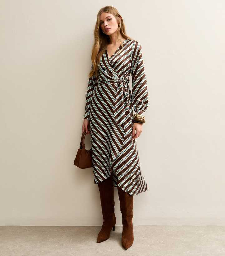 Brown Satin Striped Wrap Midi Dress