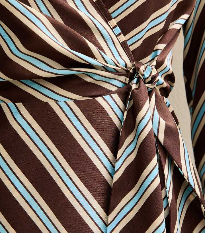 Brown Satin Striped Wrap Midi Dress