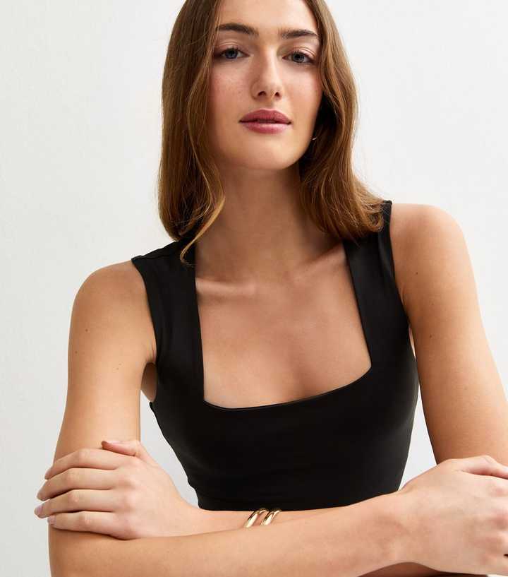 Tall Black Square Neck Neck Sleeveless Bodysuit