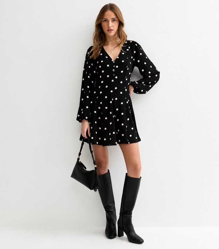 Back Polka Dot Long Sleeve Mini Dress | New Look