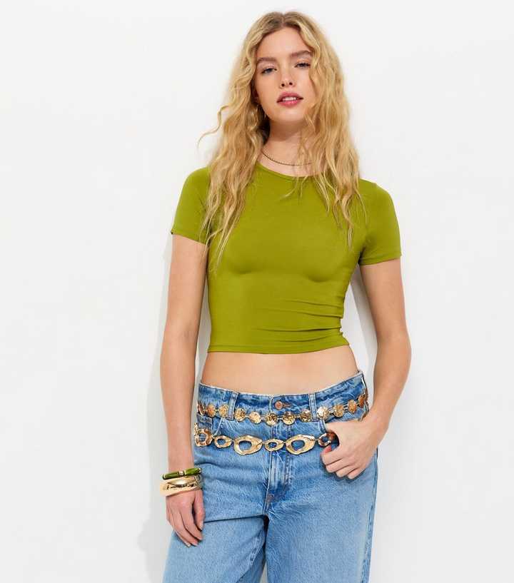 Green Crew Neck Slinky Cropped T-Shirt