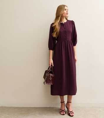 Dark Burgundy Buttoned Cropped Sleeve Midi Dress