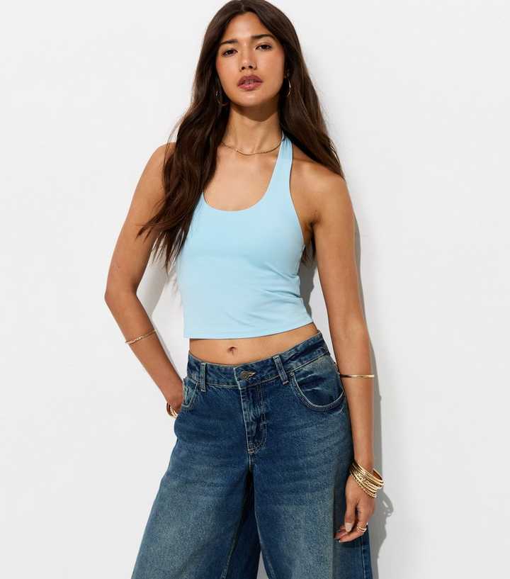 Light Blue Slinky Jersey Halter Neck Top