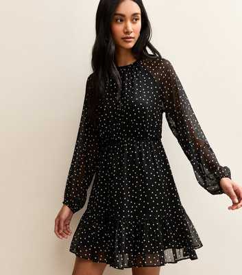Black Chiffon Polka Dot Long Sleeve Mini Dress