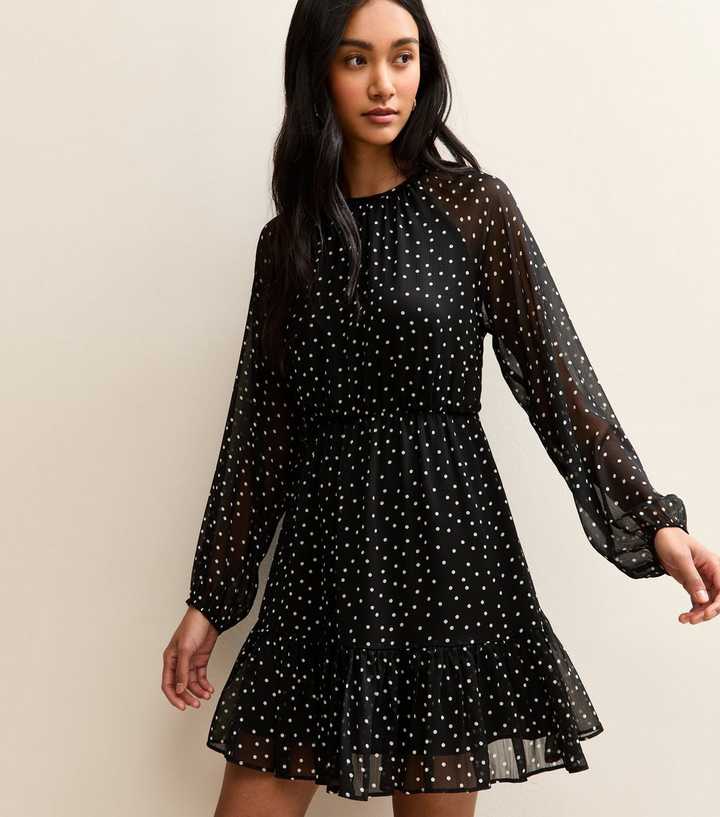Black Chiffon Polka Dot Long Sleeve Mini Dress