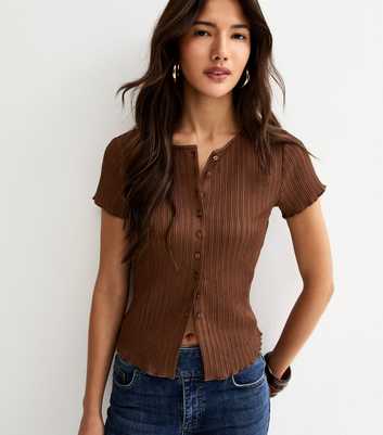 Dark Brown Ribbed Texture Button Front T-Shirt