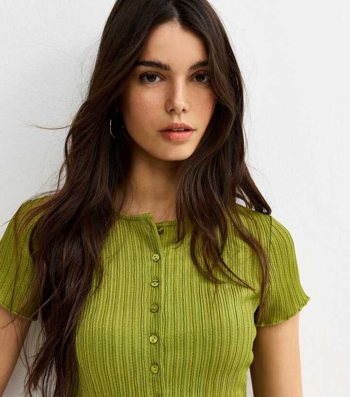 Light Khaki Ribbed Texture Button Front T-Shirt