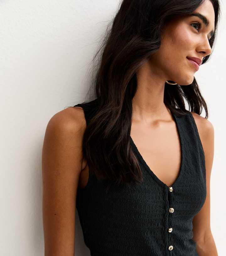 Black Textured Gold Button Through Tank Top