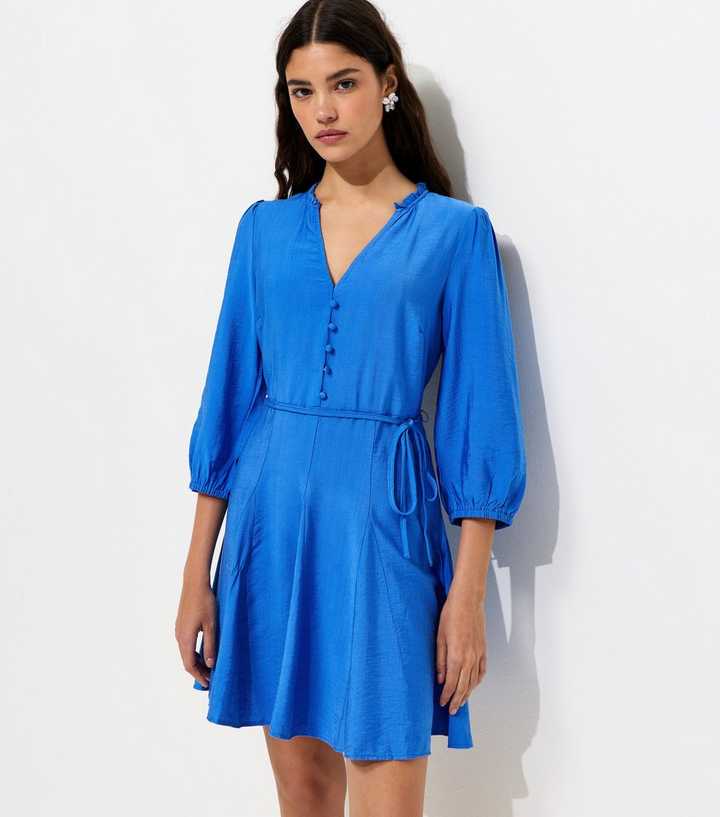 Bright Blue Godet Skirt Belted Mini Shirt Dress