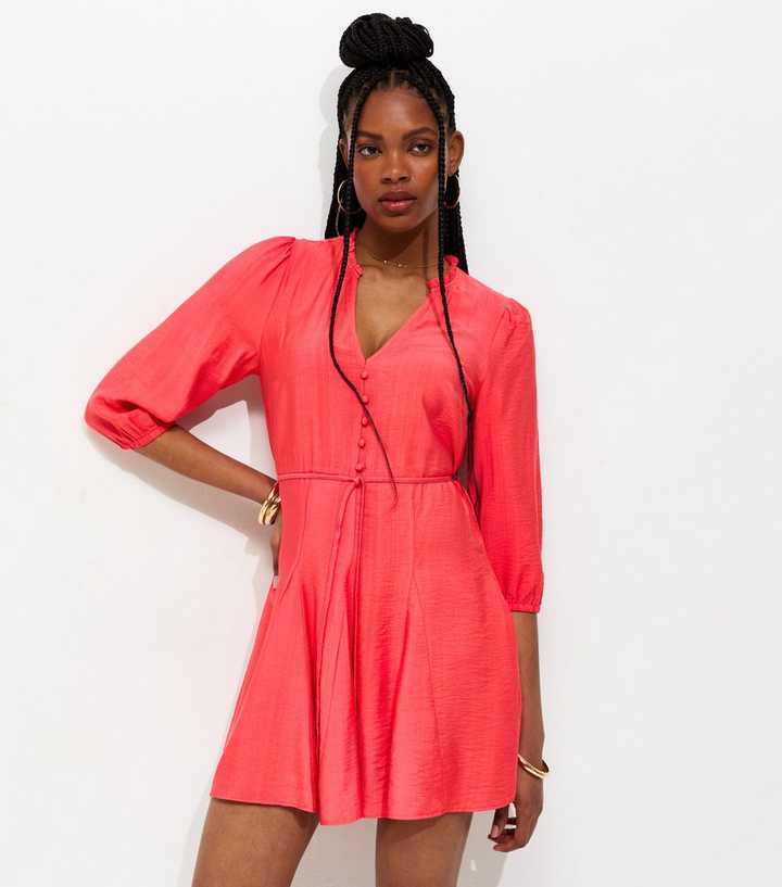 Dark Coral Godet Skirt Belted Mini Shirt Dress