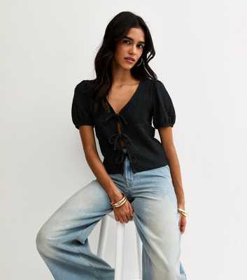 Black Textured Tie Front Puff Sleeve Top