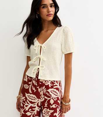 White Textured Tie Front Puff Sleeve Top