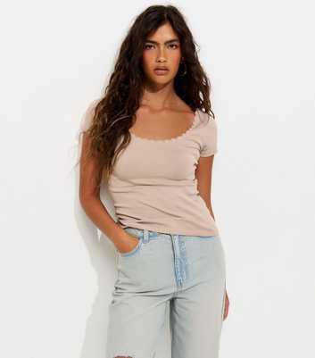 Mink Lace Trim Scoop Neck T-Shirt