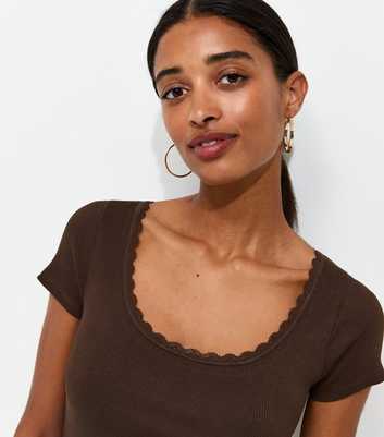 Dark Brown Lace Trim Scoop Neck T-Shirt