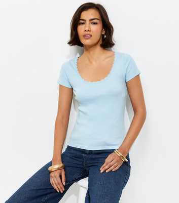 Light Bue Lace Trim Scoop Neck T-Shirt