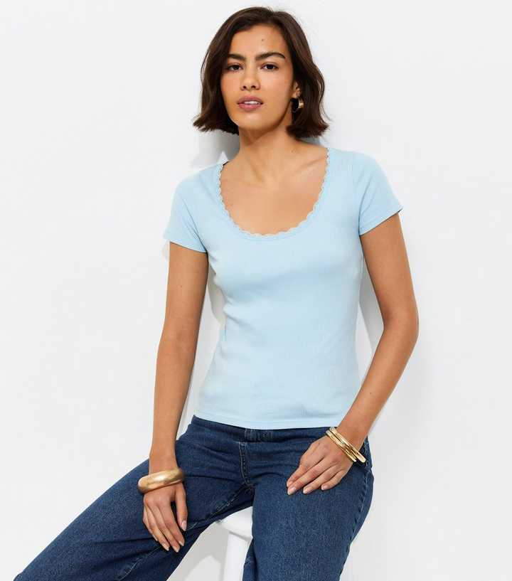 Light Bue Lace Trim Scoop Neck T-Shirt