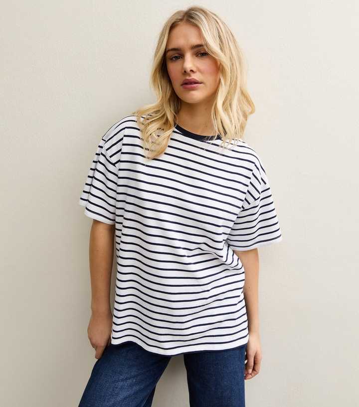 Dark Blue Stripe Side Split T-Shirt