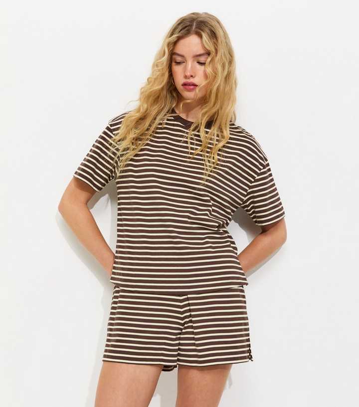 Brown and White Cotton Striped Jogger Shorts