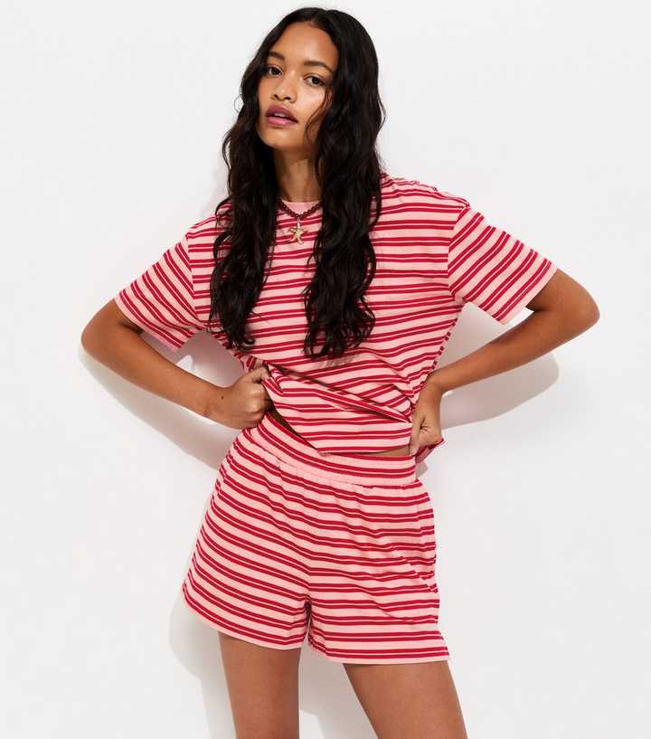 Pink and Red Cotton Striped Jogger Shorts