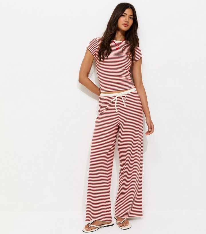 Red Striped Drawstring Wide Leg Trousers