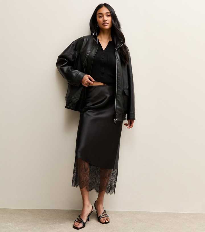 Black Faux Leather Funnel Neck Oversized Jacket