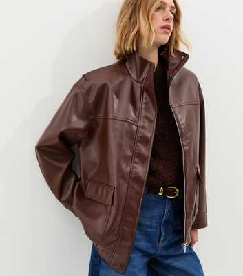 Dark Brown Faux Leather Funnel Neck Oversized Jacket
