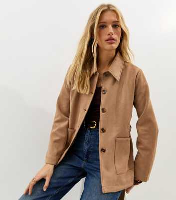 Camel Faux Suede Button Through Belted Jacket