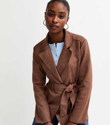 Dark Brown Faux Suede Belted Jacket