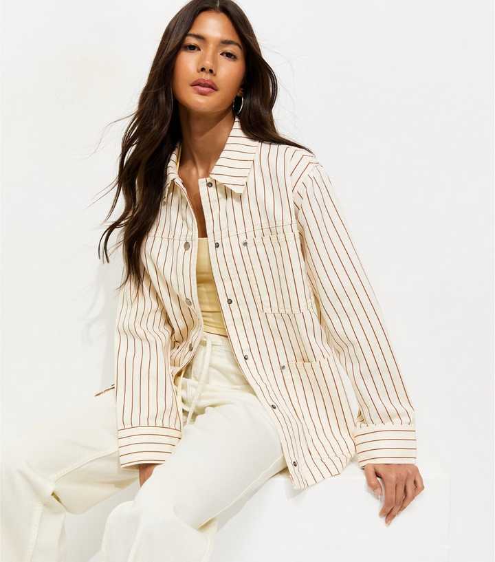 Cream Stripe Longline Cotton Shacket
