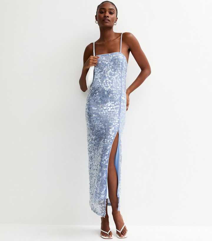 Light Blue Sequin Strappy Tie Back Maxi Dress