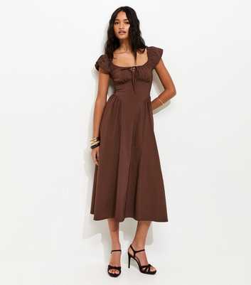 Dark Brown Lace Trim Milkmaid Midi Dress