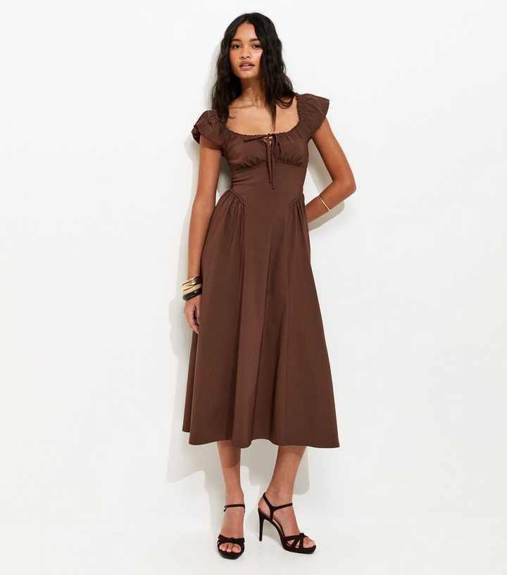 Dark Brown Lace Trim Milkmaid Midi Dress