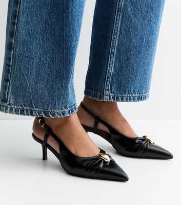 Black Faux Leather Ring Slingback Court Shoes