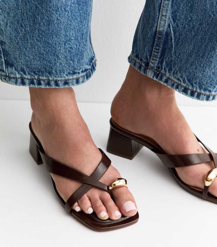 Wide Fit Dark Brown Faux Leather Metal Toe Loop Mule Sandals