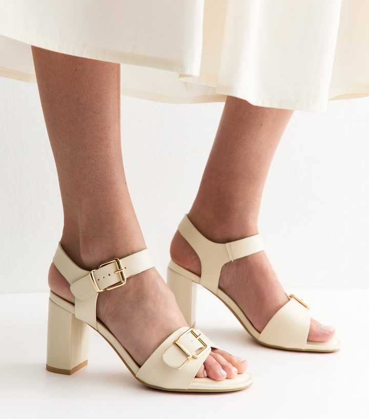 Wide Fit Off White Double Buckle Block Heel Sandals