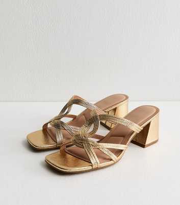 Gold Faux Leather Interwoven Block Heel Mules