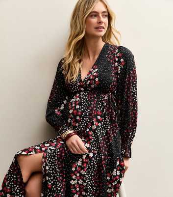 Maternity Black Floral Crepe Wrap Midi Dress