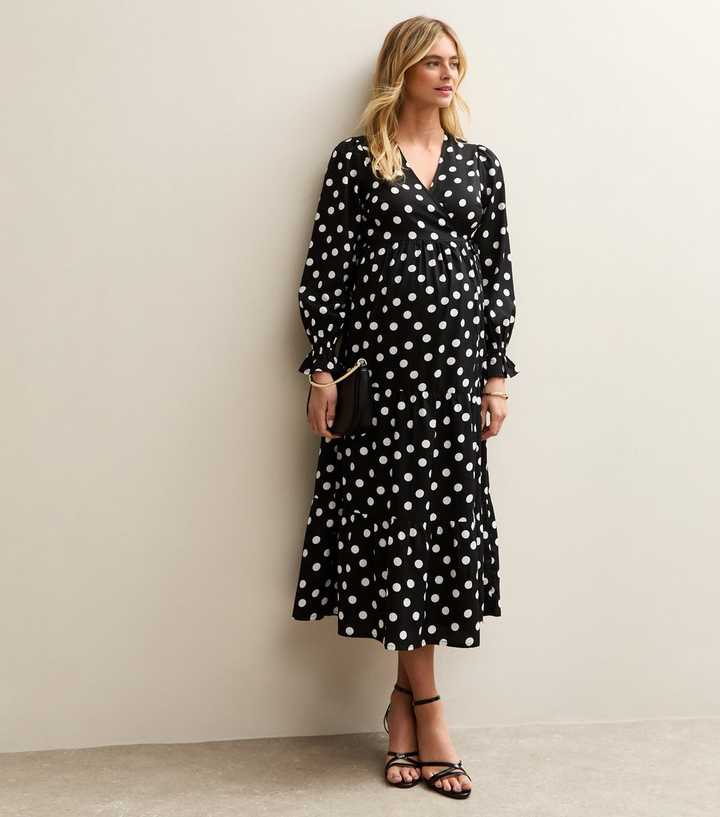 Maternity Black Polka Dot Midi Wrap Dress