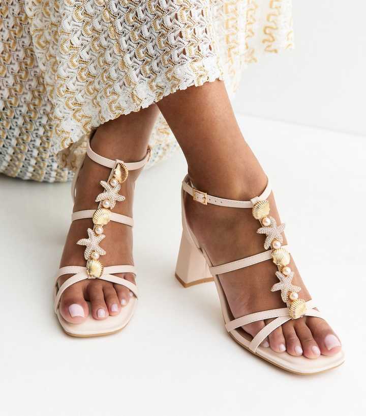 White Faux Leather Shell Charm Strappy Sandals