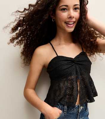 Girls Black Twisted Front Lace Cami Top