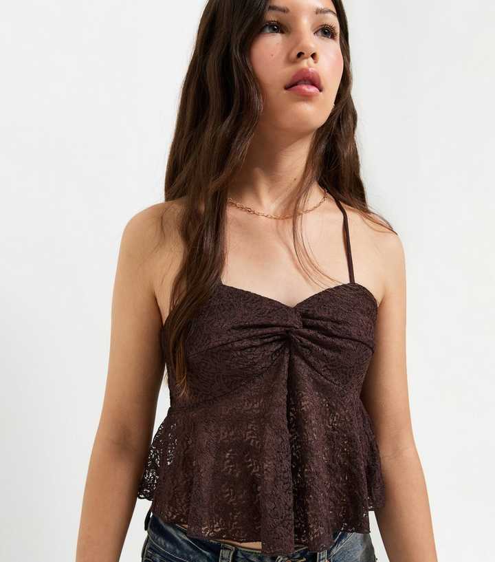 Girls Dark Brown Twisted Front Lace Cami Top