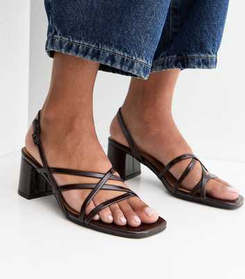 Dark Brown Faux Leather Multi Strap Block Heel Sandals