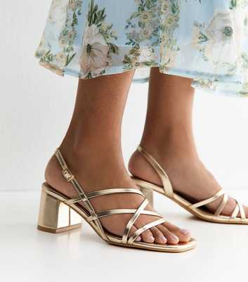 Gold Faux Leather Multi Strap Block Heel Sandals