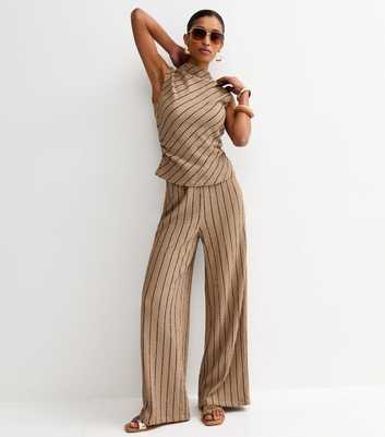 Brown Crinkled Striped Wide Leg Trousers